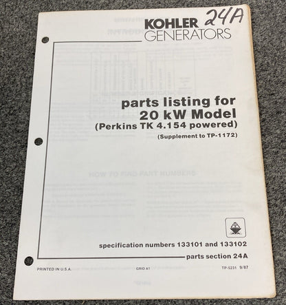 KOHLER GENERATORS TP-5229 TP-5231 TP-5253 SERVICE PARTS/PARTS LISTING MANUALS