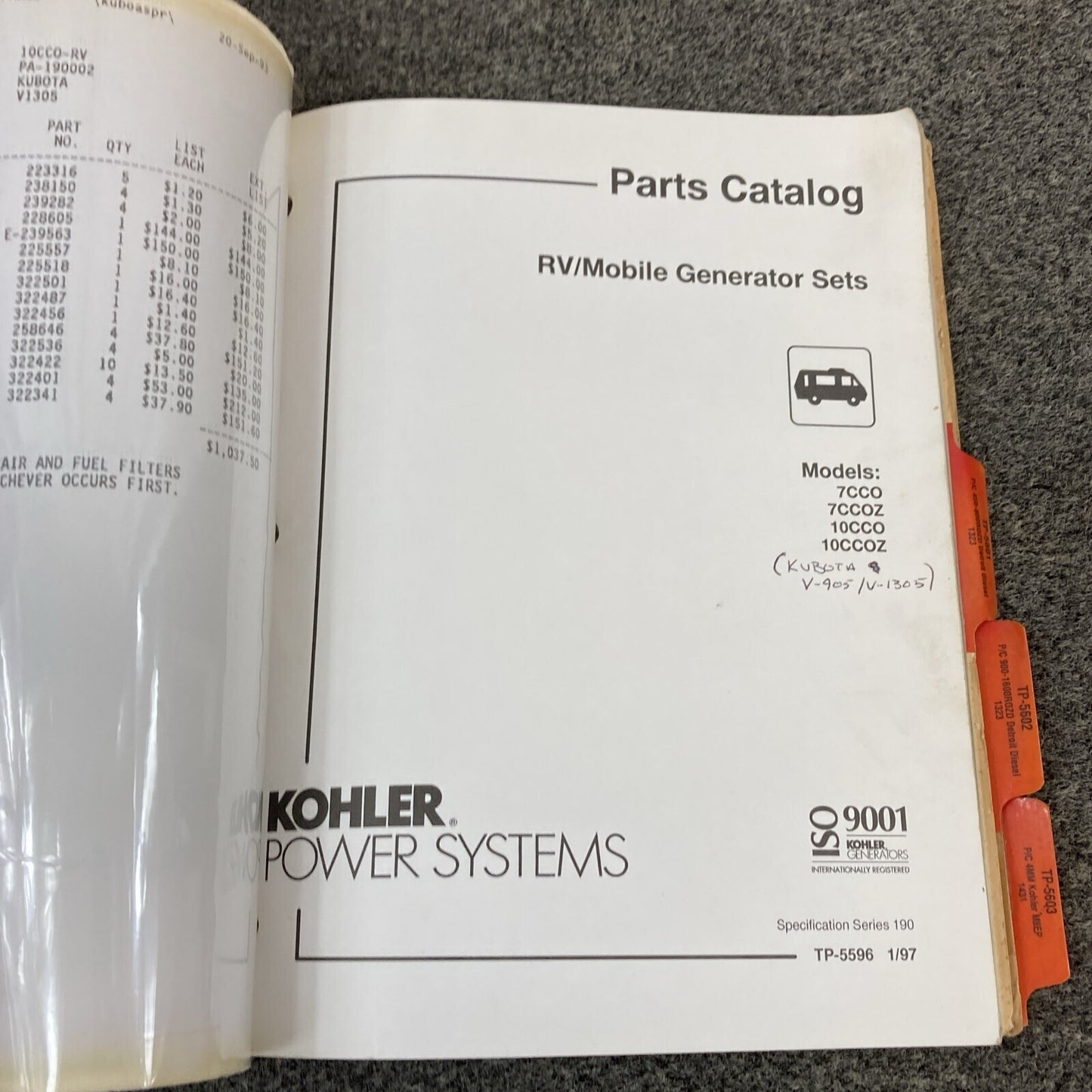 KOHLER GENERATORS MARINE/RV/MOBILE/INDUSTL SERVICE PARTS/PARTS LISTING MANUALS