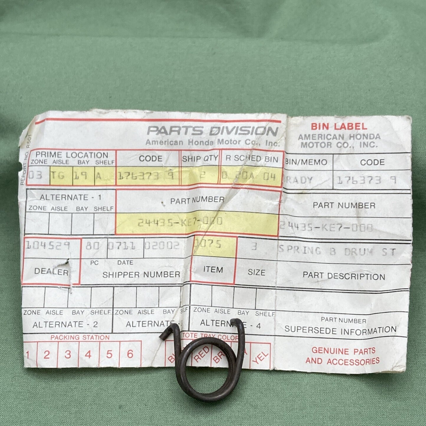 NEW GENUINE HONDA 24435-KE7-000 GEARSHIFT DRUM SPRING