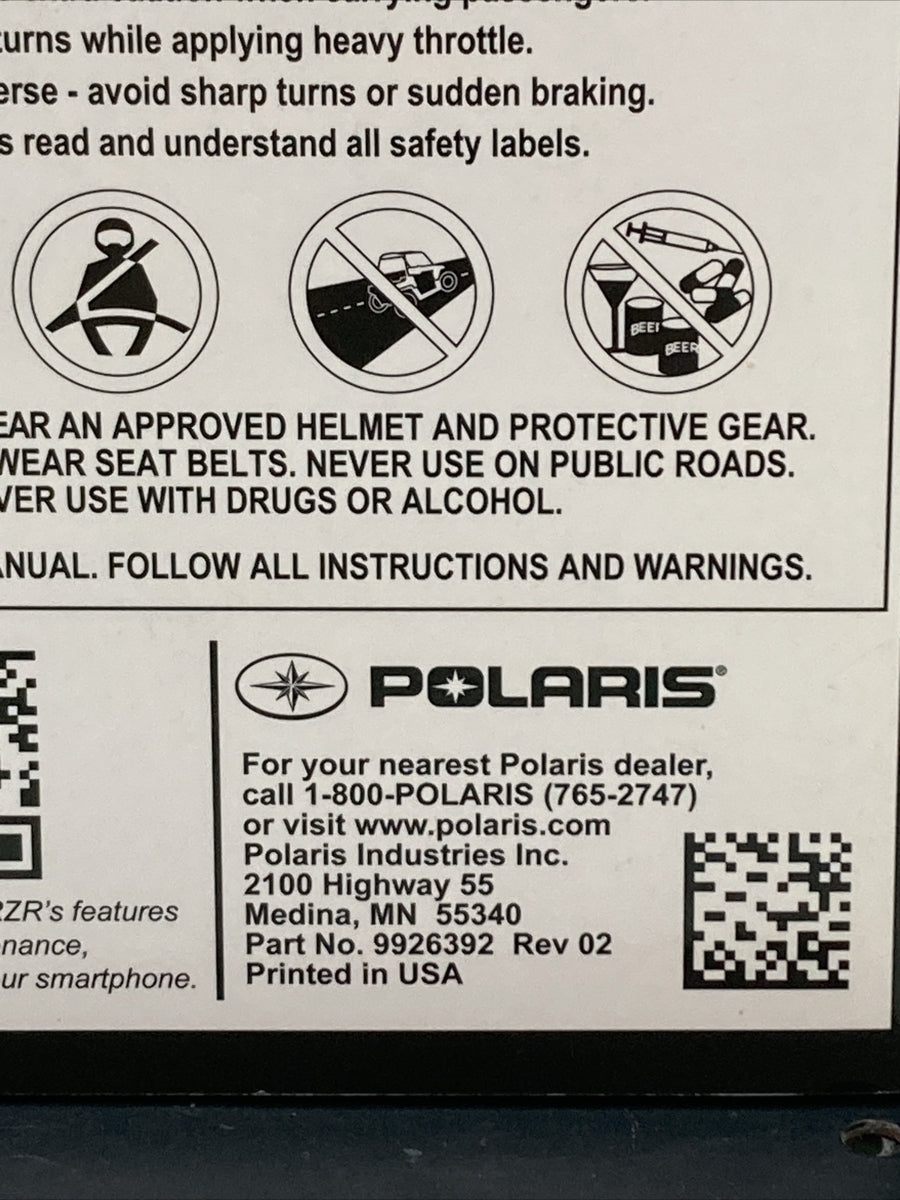 NEW GENUINE POLARIS 9926392  RZR XP 1000 / RZR XP 4 1000 OWNER'S MANUAL '16