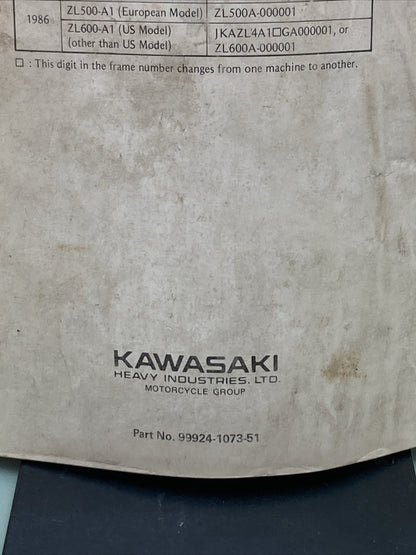 GENUINE KAWASAKI 99924-1073-51 ZL600/ZL500 MOTORCYCLE SERVICE MANUAL SUPPLEMENT