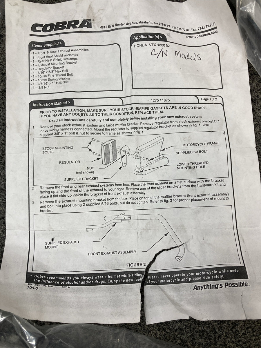 NEW COBRA 1875 EXHAUST KIT FOR HONDA VTX 1800, INCOMPLETE KIT