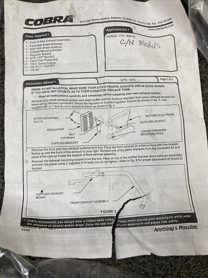 NEW COBRA 1875 EXHAUST KIT FOR HONDA VTX 1800, INCOMPLETE KIT