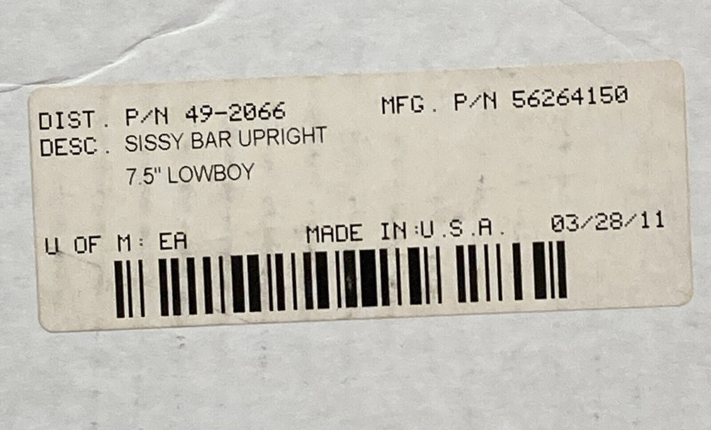 NEW KHROME WERKS 49-2066 SISSY BAR UPRIGHT 7.5" LOWBOY