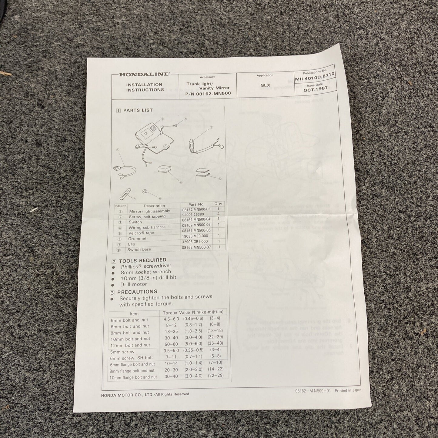 NEW HONDALINE 08162-MN500 TRUNK L/G  V/N LIGHT/MIRROR