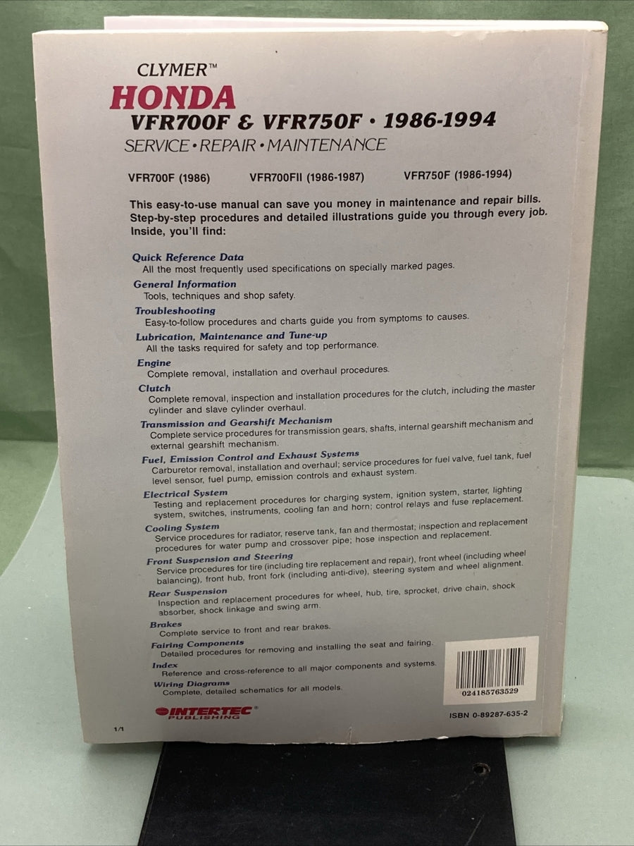 NEW GENUINE CLYMER HONDA VFR700F/VFR750F SERVICE MANUAL '86-'94 M458