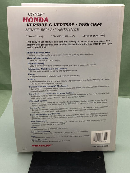 NEW GENUINE CLYMER HONDA VFR700F/VFR750F SERVICE MANUAL '86-'94 M458