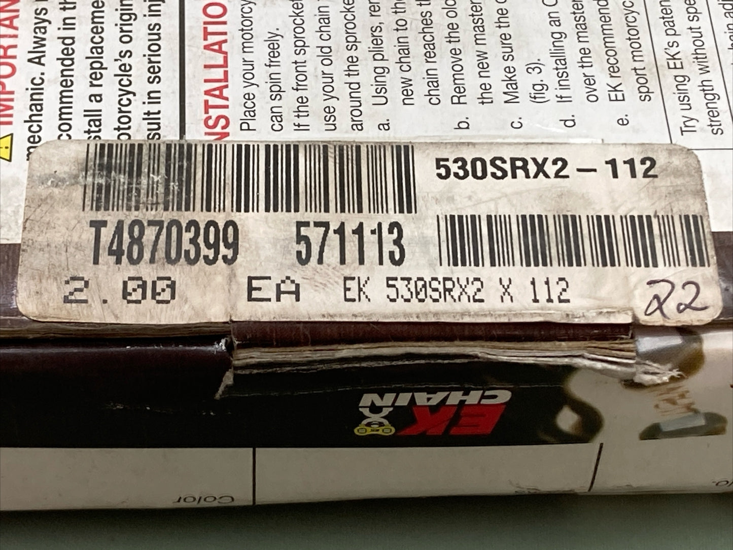 NEW EK CHAIN 530SRX2X-112 LINK CHAIN
