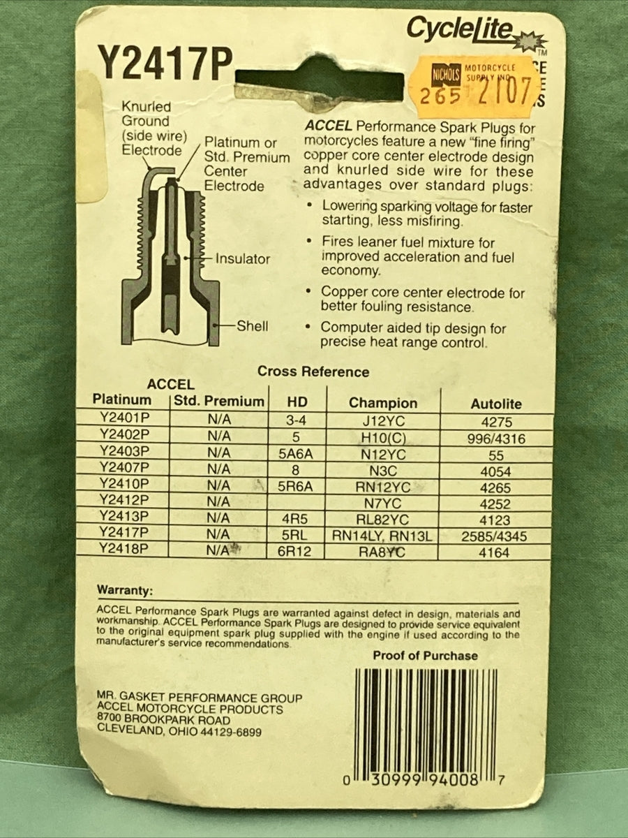 QTY 2 NEW ACCEL 2417P CYCLE LITE SPARK PLUGS