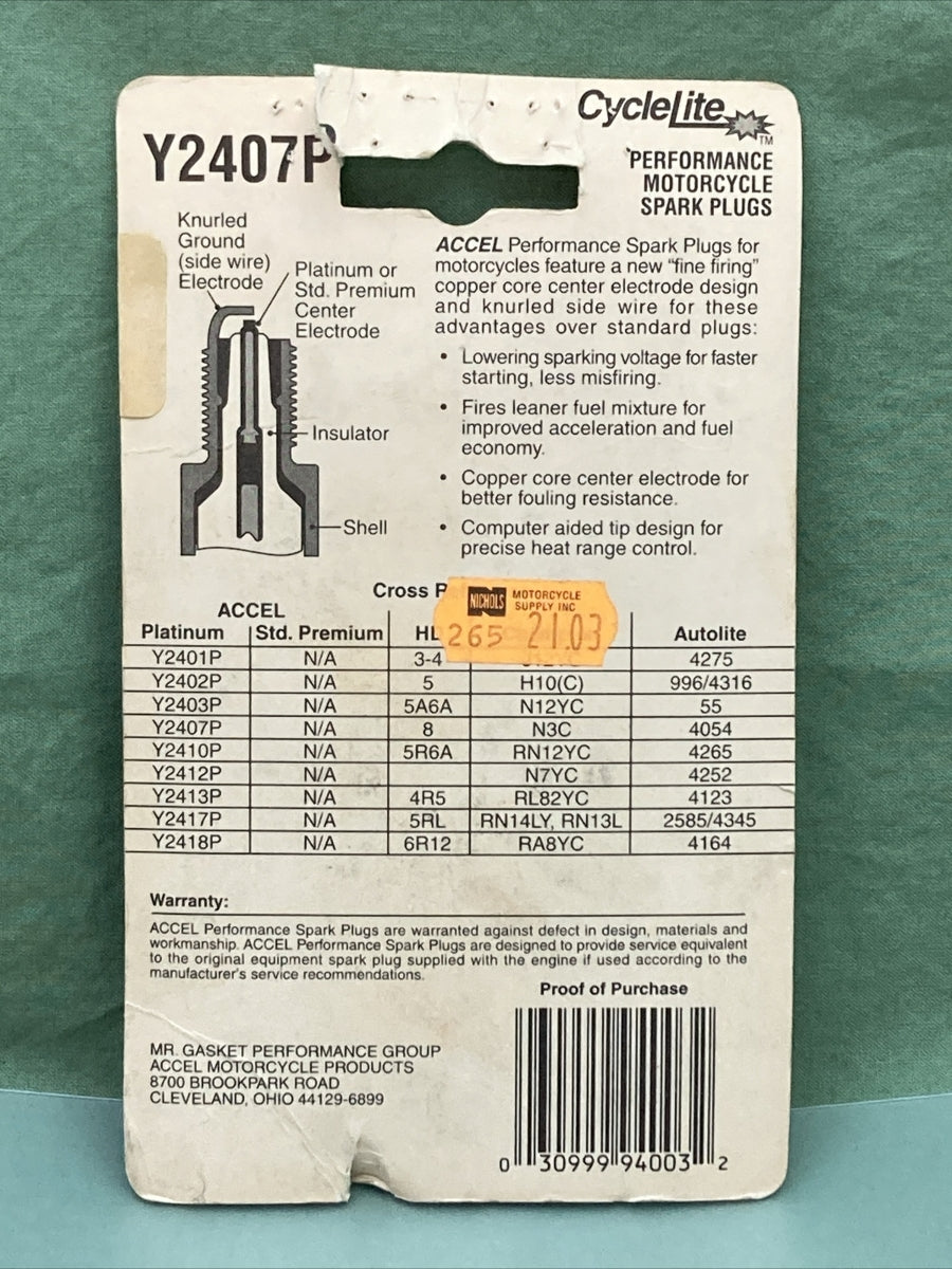 QTY 2 NEW ACCEL 2407P CYCLE LITE SPARK PLUGS