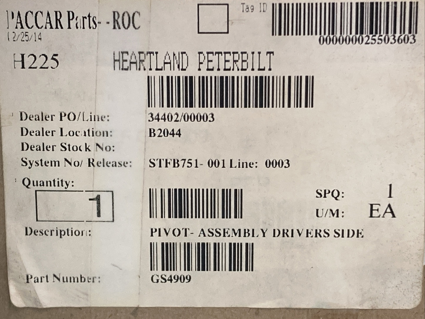 NEW GENUINE PACCAR GS4909 PIVOT-ASSEMBLY DRIVERS SIDE GS4909-1