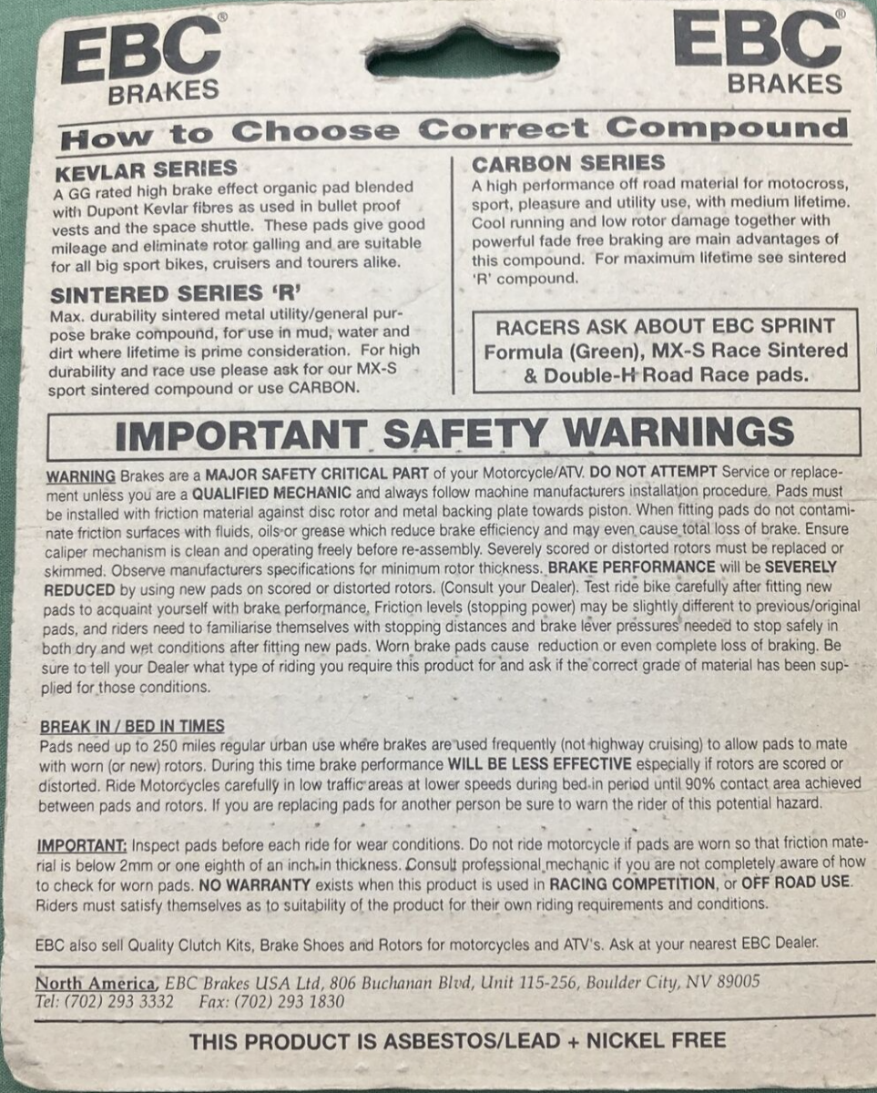 NEW GENUINE EBC FA152/2R SINTERED BRAKE PADS SUZUKI YAMAHA