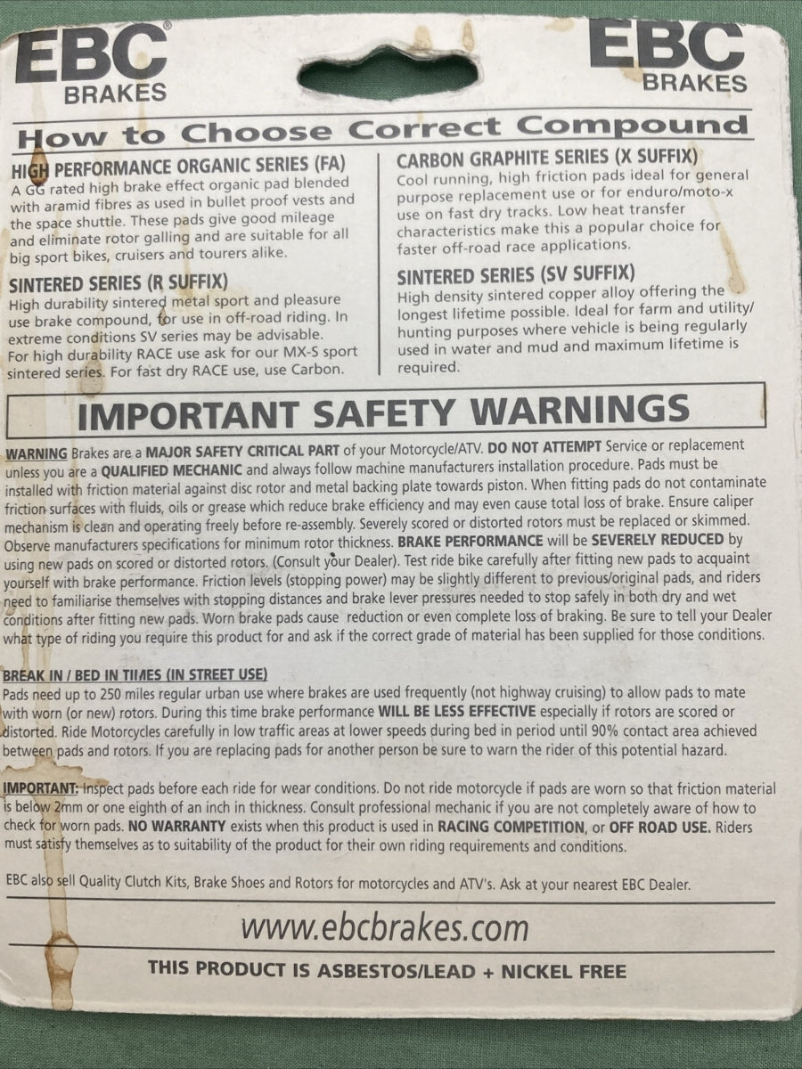 NEW GENUINE EBC FA62 BRAKE PADS KAWASAKI