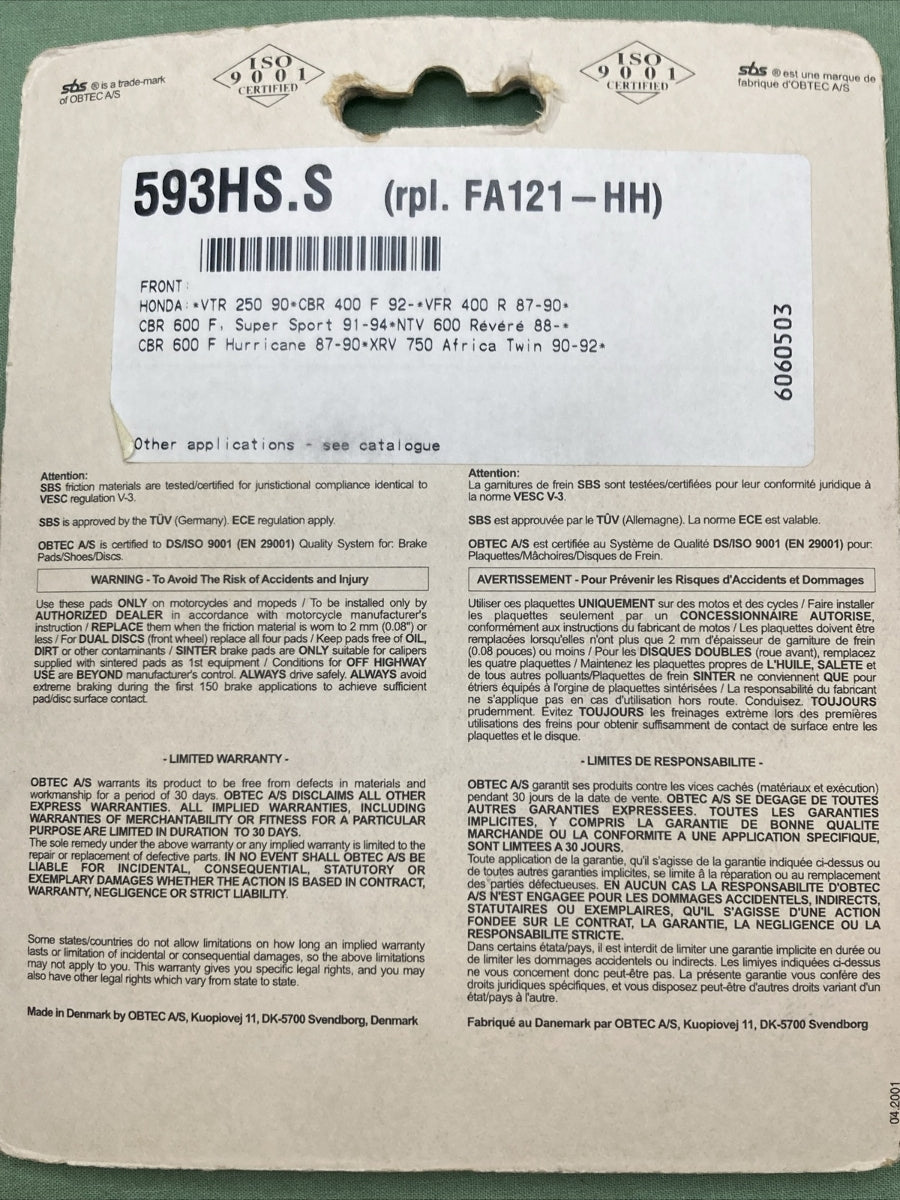 NEW SBS 593HS StreetExcel sinter Brake Pads FRONT HONDA FA121