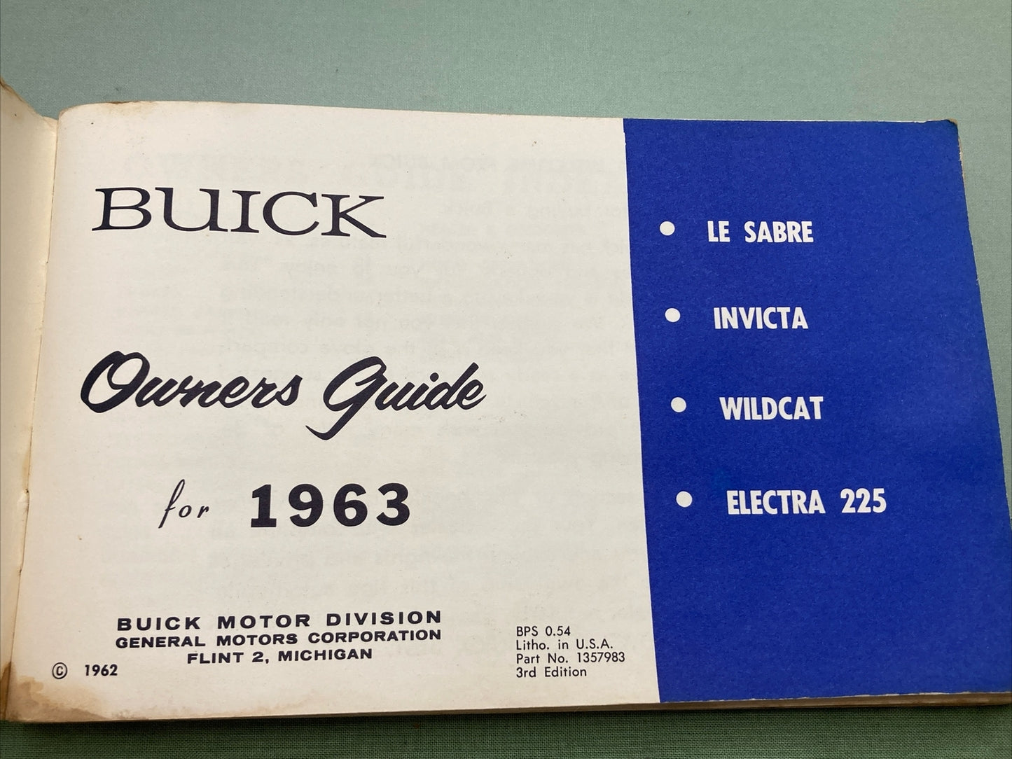 NEW BUICK 1357983 OWNER'S GUIDE/OWNER PROTECTION PLAN 1963 LESABRE-INVICTA 225