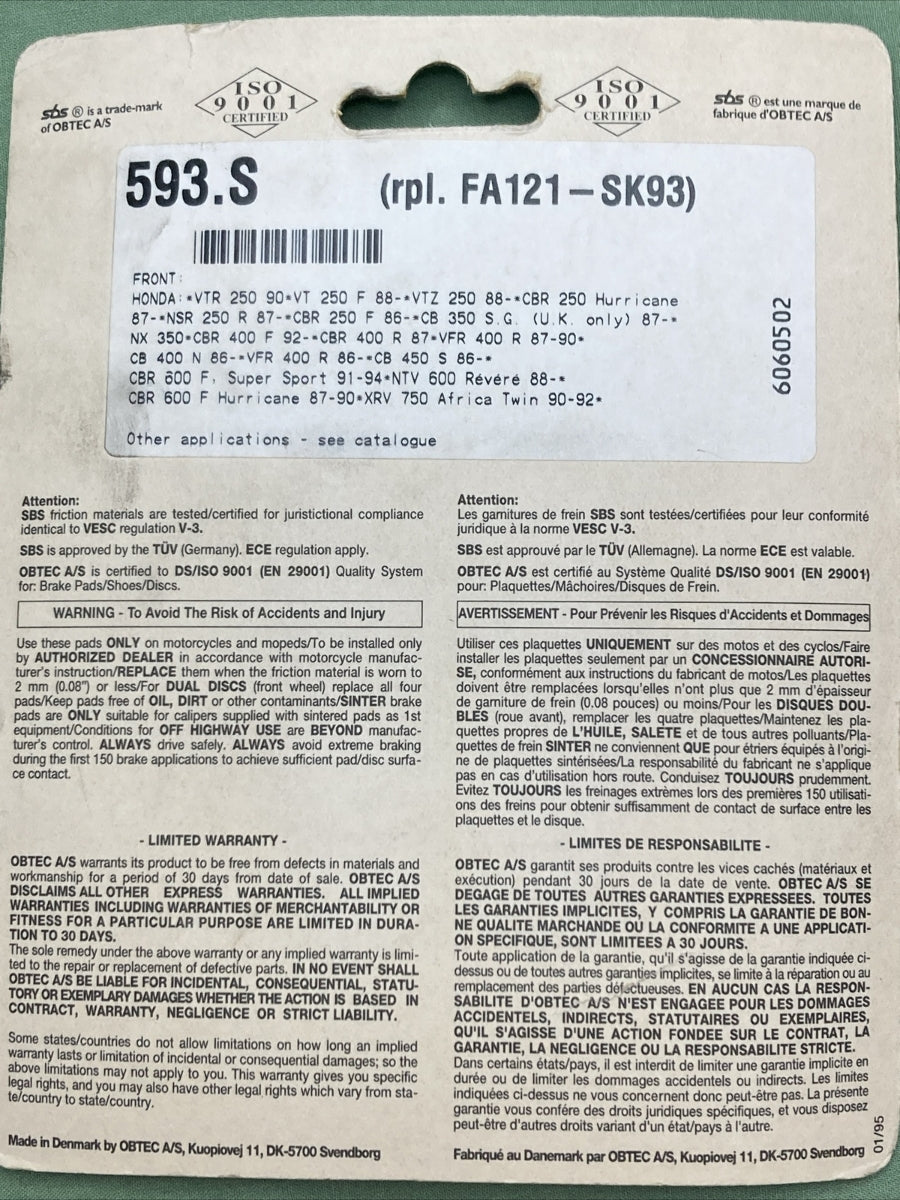 NEW SBS 593HF StreetExcel CERAMIC Brake Pads FRONT HONDA