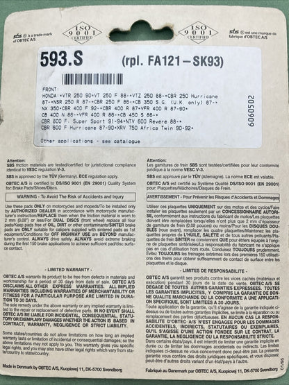 NEW SBS 593HF StreetExcel CERAMIC Brake Pads FRONT HONDA