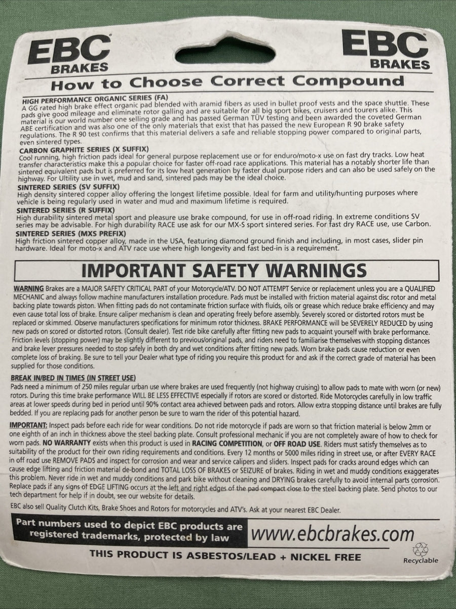 NEW GENUINE EBC FA70 BRAKE PADS HIGH PERFORMANCE MOTORCYCLE ATV