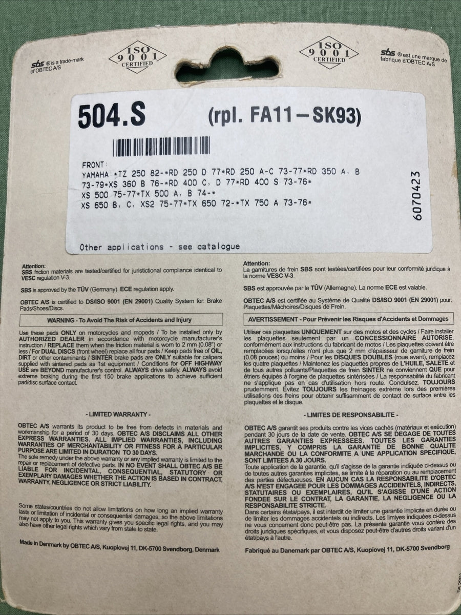 NEW SBS 504HF CERAMIC Brake Pads FRONT YAMAHA