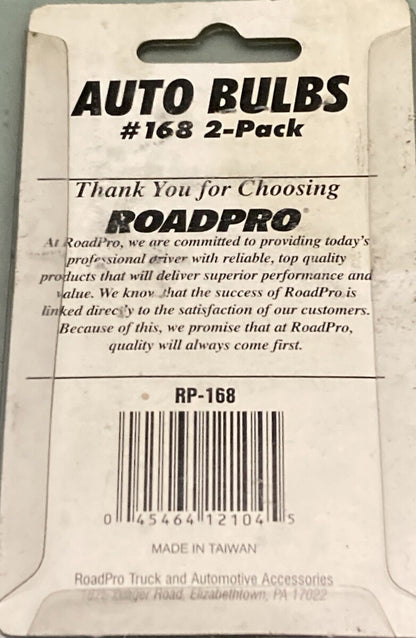 QTY 2 NEW GENUINE ROADPRO RP-168 HEAVY DUTY AUTO BULB