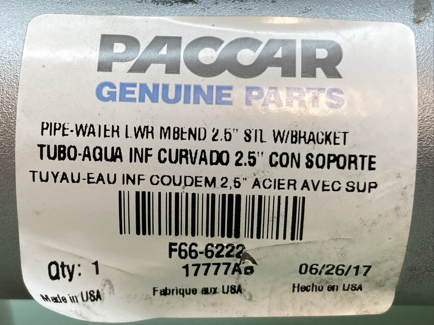 NEW GENUINE PACCAR F66-6222 PETERBILT Pipe-Water Lwr Mbend 2.5" St