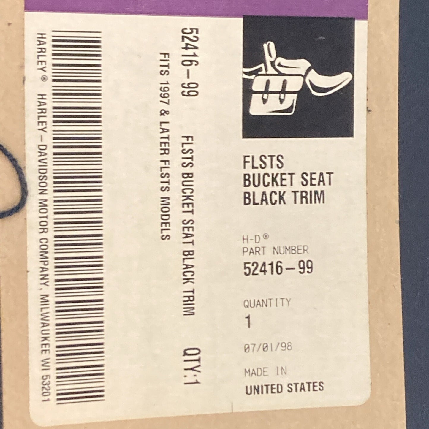 NEW GENUINE HARLEY DAVIDSON 52416-99 FLSTS BUCKET SEAT WITH BLACK TRIM HERITAGE
