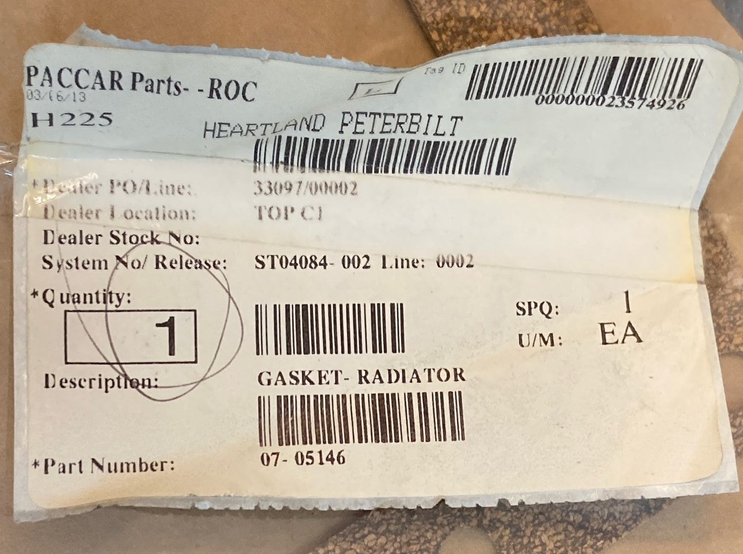 NEW REPLACES PETERBILT 07-05146 RADIATOR GASKET