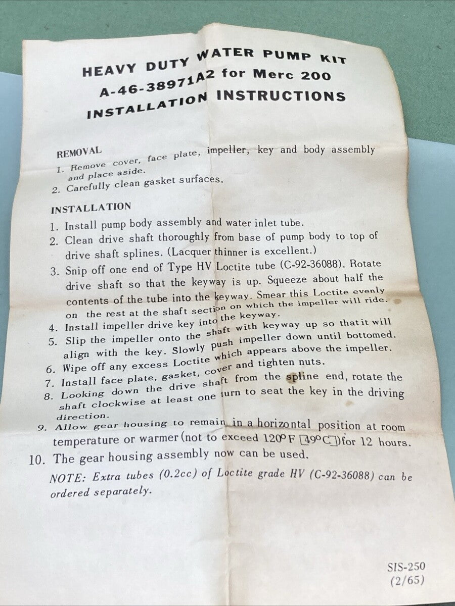 NEW MERCURY 46-38971A2 WATER PUMP, INCOMPLETE KIT