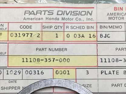 NEW GENUINE HONDA 11108-357-000 PLATE BEARING SIDE CRANKCASE