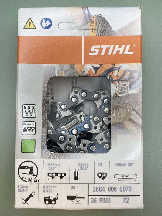 NEW STIHL  3664 005 0072 OILMATIC CHAINSAW CHAIN 20" 36 RM3 72 LINK 3/8" PITCH