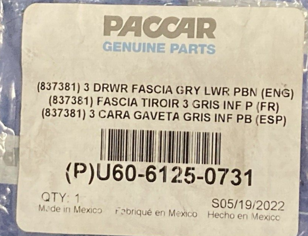 NEW GENUINE PACCAR U60-6125-0731 Trim 3" Drawer Front GRAY