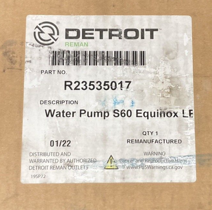NEW DETROIT R23535017 WATER PUMP S60 EQUINOX W/ MOUNTING O-RINGS