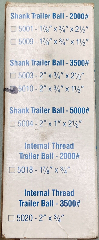 NEW SHELBY TRAILER ACCESSORIES 5010 SHANK TRAILER BALL 3500# 2" X 3/4" X 1.5"