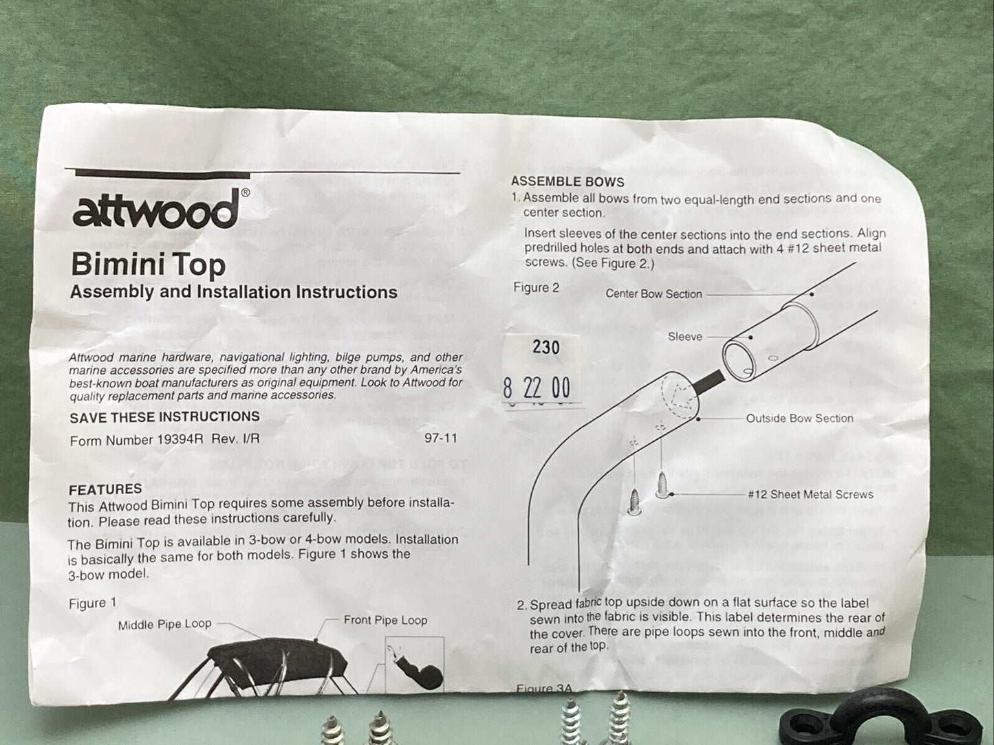 NEW ATTWOOD BIMINI TOP 4-BOW MODEL, INCOMPLETE KIT