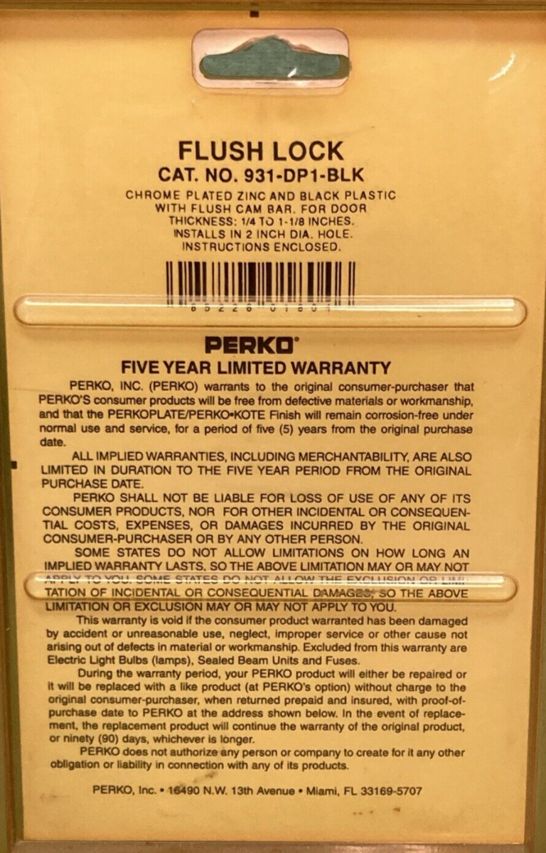 NEW GENUINE PERKO 931-DP1-BLK  Black Surface Mount Flush Lock w/ Keys