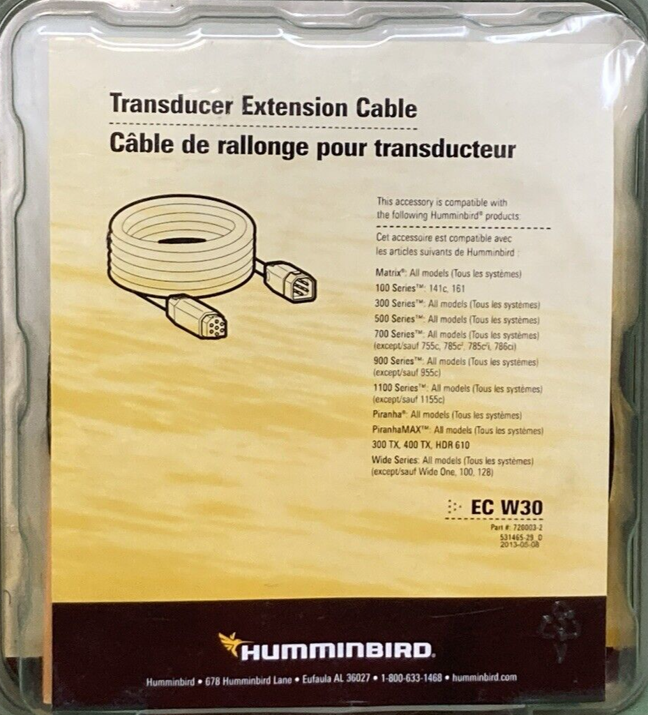 NEW GENUINE HUMMINGBIRD 720003-2 TRANSDUCER EXTENSION CABLE 30' DEPTH FINDER