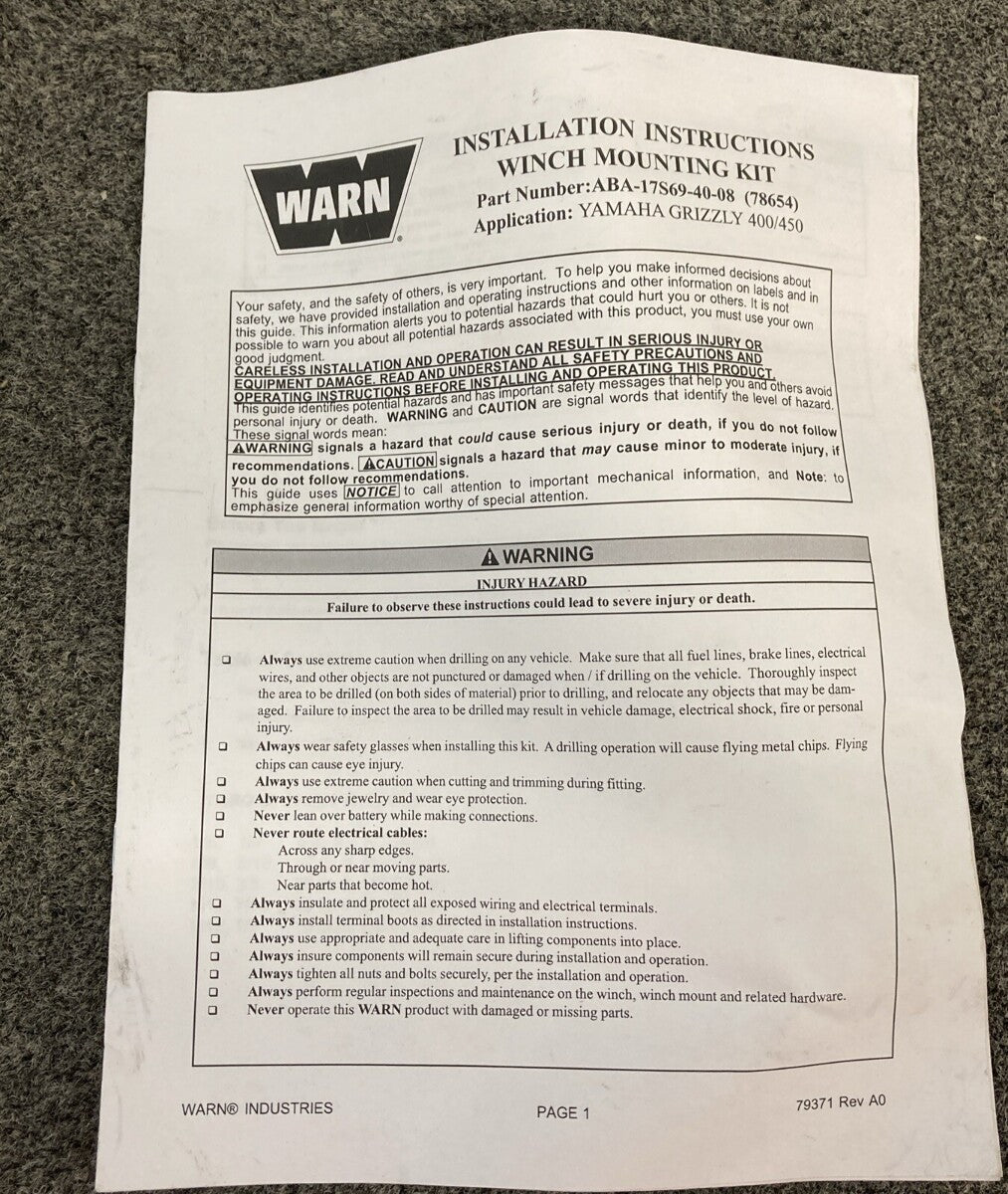 NEW GENUINE YAMAHA ABA-17S69-40-08 Winch Mount Kit 07-08 GRZLY 450