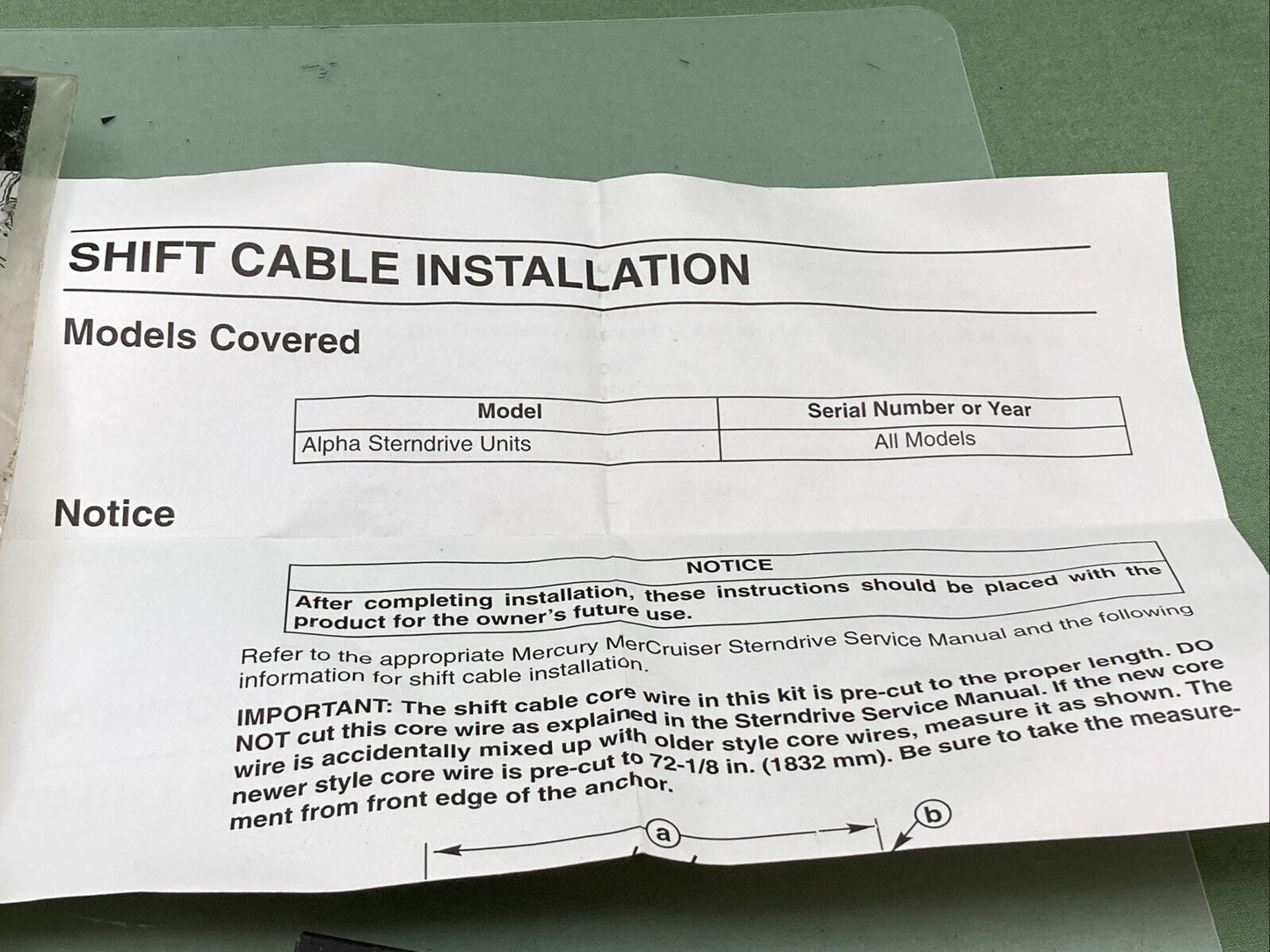 NEW GENUINE MERCURY QUICKSILVER 19543A 8 SHIFT CABLE ASSEMBLY, INCOMPLETE KIT