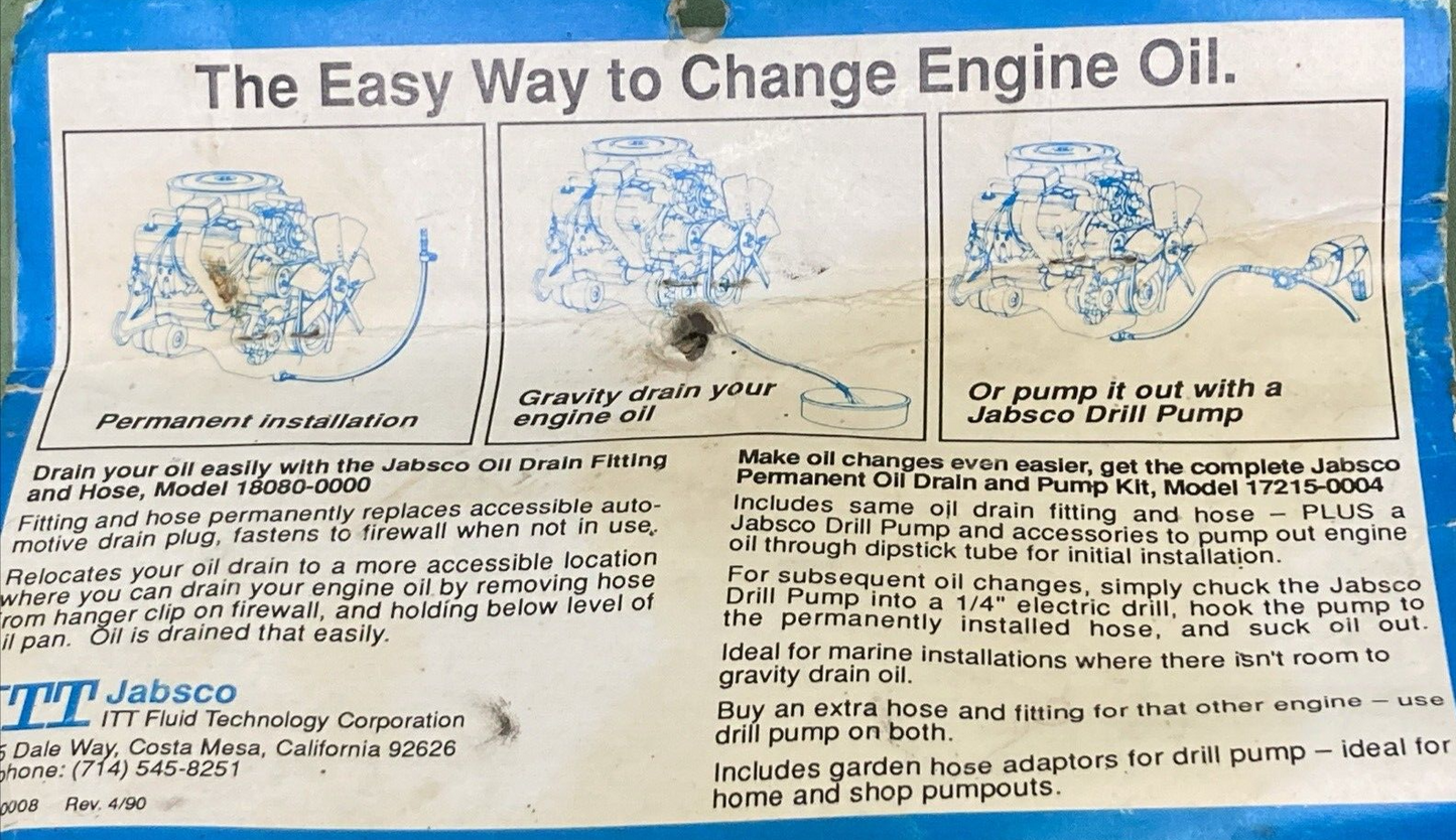 NEW GENUINE JABSCO 18080-0000 OIL DRAIN HOSE & FITTING KIT 1/2"-20 PLUG