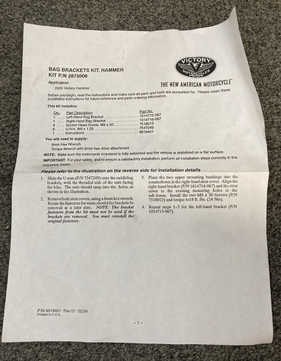 NEW GENUINE VICTORY 2875008 Saddlebag Bracket KIT HAMMER & JACKPOT