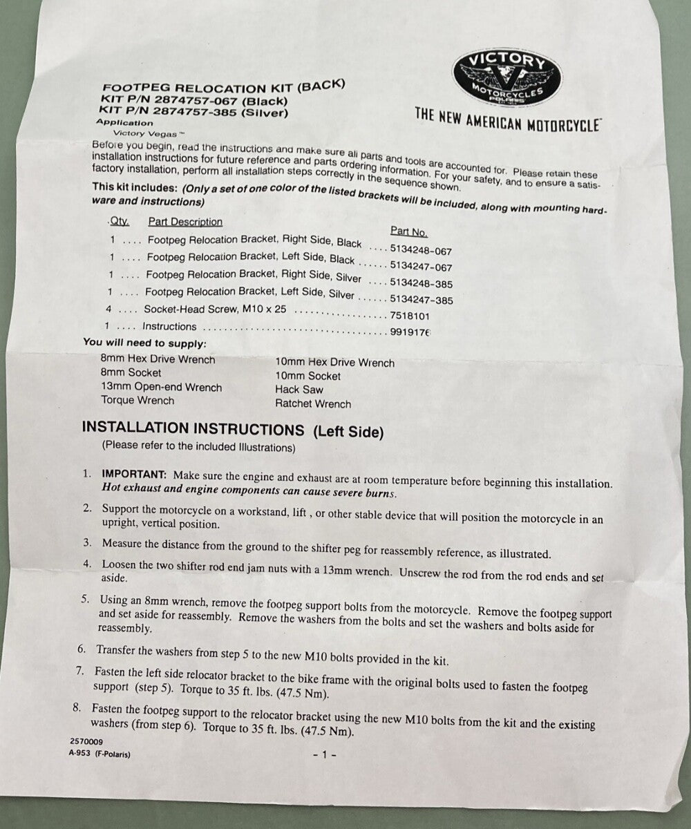 NEW GENUINE VICTORY 2874757-385 FOOTPEG RELOCATION BACK, SILVER, POLARIS