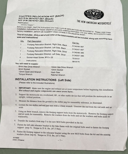 NEW GENUINE VICTORY 2874757-385 FOOTPEG RELOCATION BACK, SILVER, POLARIS