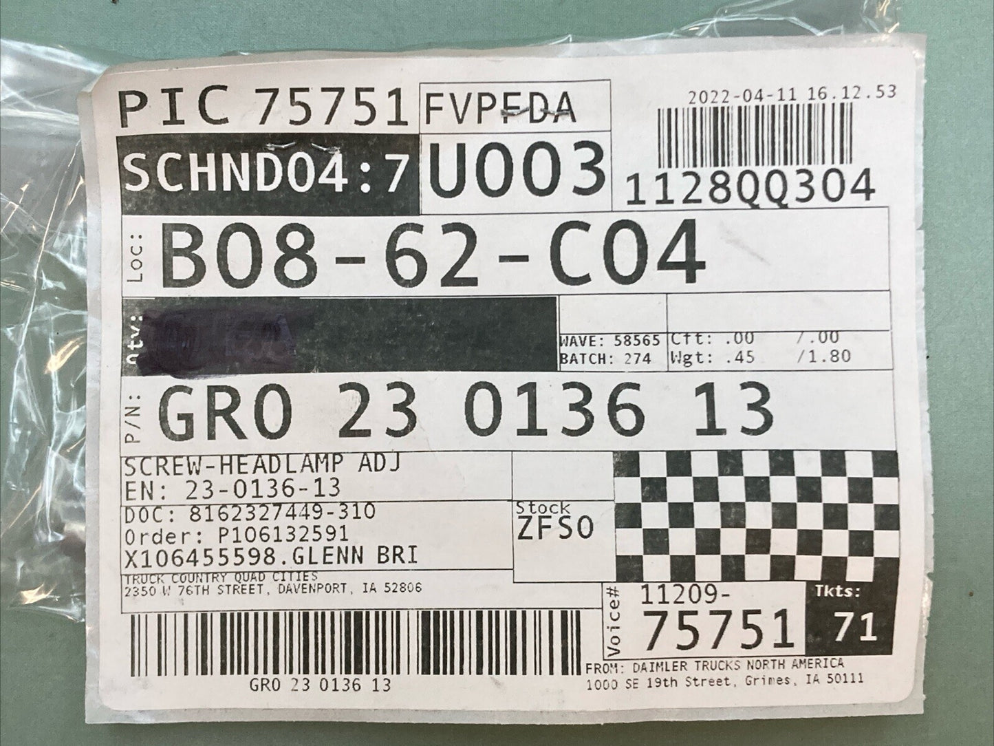 NEW GENUINE FRIEGHTLINER GRO-23-0136-13 SCREW-HEADLAMP ADJ