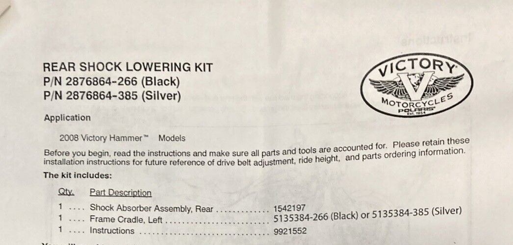 NEW GENUINE POLARIS 2876864-266 SHOCK, RR, LOWERING, BLK, VICTORY HAMMER 2008