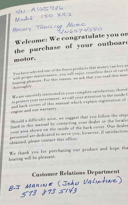 GENUINE MERCURY 90-12070 OPERATION & MAINTENANCE MANUAL MODEL V150 XR-2 1984