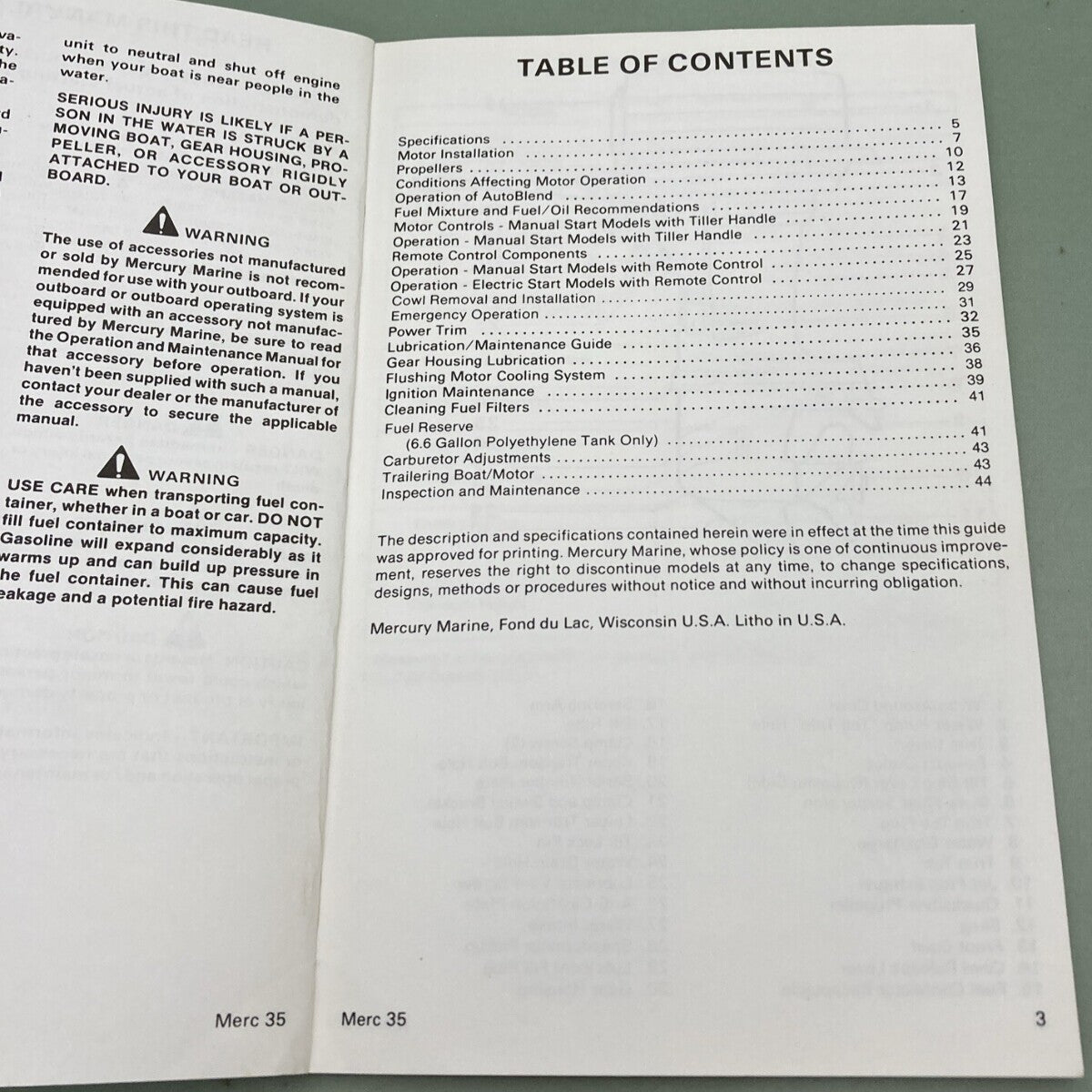GENUINE MERCURY 90-15022880 OPERATION & MAINTENANCE MANUAL MODEL 35 1987