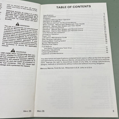 GENUINE MERCURY 90-15022880 OPERATION & MAINTENANCE MANUAL MODEL 35 1987