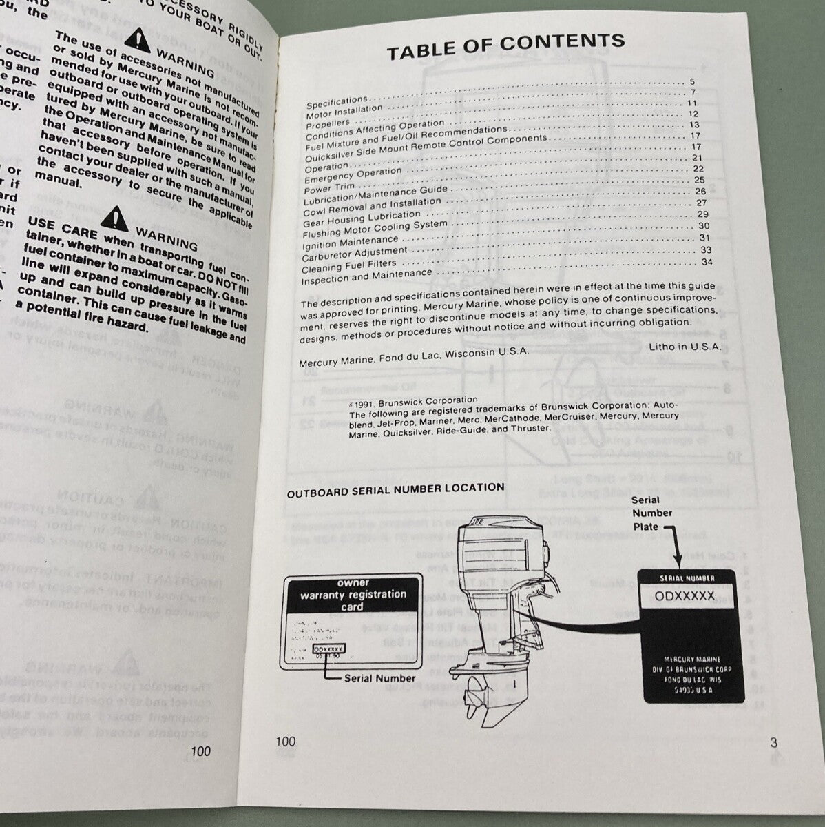 GENUINE MERCURY 90-12428920 OPERATION & MAINTENANCE MANUAL MODEL 75 90 1991