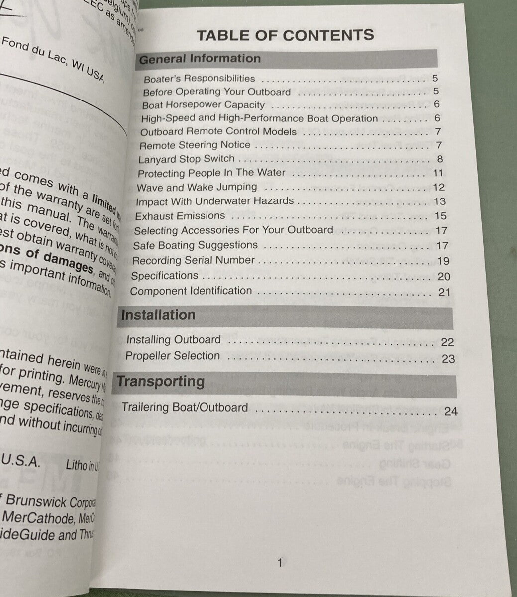 GENUINE MERCURY 90-10201990 OPERATION MAINTENANCE & WARRANTY MANUAL 1998