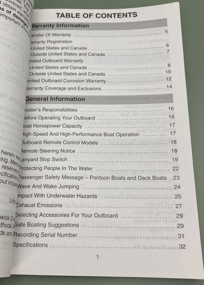 GENUINE MERCURY 90-10201001 OPERATION MAINTENANCE & WARRANTY MANUAL 1999